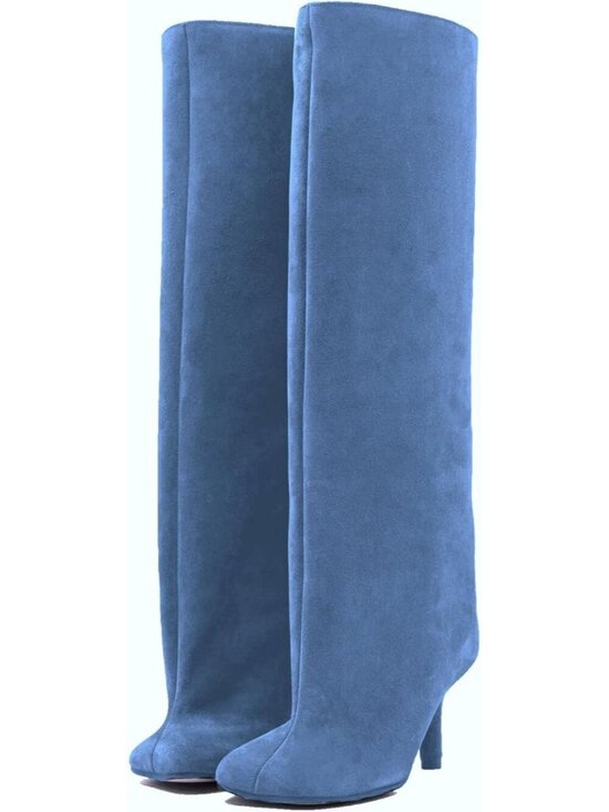 Shoes - Women's Suede Knee High Boots Square Toe Blue Stiletto Heels Wide Calf Boot